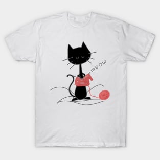 Black Knitting Cat - White T-Shirt